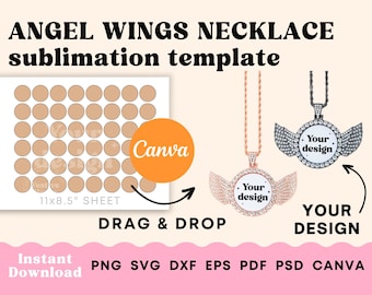 Angel wings necklace sublimation template, Circle SVG, Circle template SVG, Angel wings necklace template canva, 30 mm round circle template