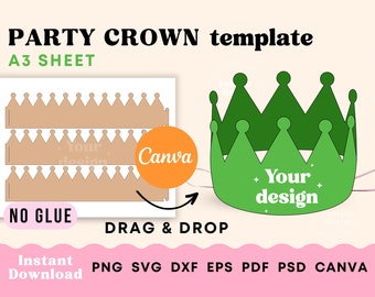 May include: A printable template for a party crown. The template is designed to be printed on an A3 sheet of paper. The crown is made up of a series of points that are connected to form a circle. The crown is shown in two colors: brown and green. The text "Your design" is included on the template.
