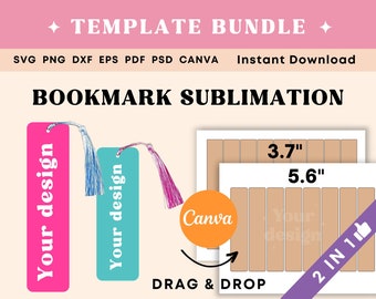 May include: A digital template bundle for creating bookmarks. The bundle includes two sizes: 3.7 inches by 5.6 inches and 2 inches by 1 inch. The template is designed to be used with Canva, a graphic design platform. The image shows a pink and blue bookmark with the text "Your design" on it. The text "DRAG & DROP" is also visible in the image.