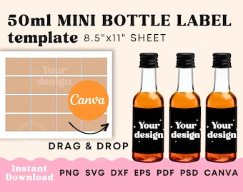 May include: A printable template for 50 ml mini bottle labels. The template includes 12 labels on an 8.5 by 11 inch sheet. The labels are black with white text that says "Your design".