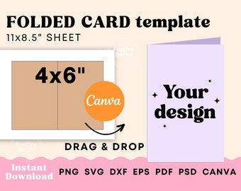 Folded card template, 4x6 inch Invitation Card template, Folded cards printable Canva template, Note card template instant download
