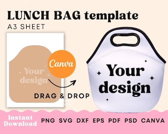 Lunch bag template, Lunch tote sublimation template, Lunch tote SVG PNG, Lunch bag canva template for sublimation