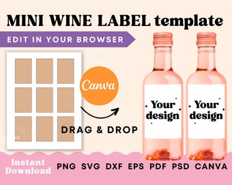 Wine label template, Mini wine label svg Mini wine label Custom for wedding birthday bridal shower, Mini wine bottle tag canva template