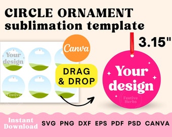 Pode incluir: Um modelo de sublimação para um ornamento circular de 8 cm de diâmetro. O modelo apresenta um círculo rosa com o texto "Your design" e as palavras "Festive Herbs" em uma fonte menor. O modelo também inclui quatro círculos menores com um design de paisagem e o texto "Your design" em uma fonte menor.