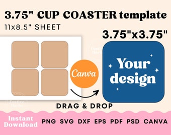 Square Coaster Template, 3.75 inch Square Cup Coaster Sublimation Template, Car coaster sublimation, Square coaster SVG PNG Canva template