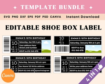 Shoe box label template BUNDLE, Shoe box label SVG, Party favor templates Canva, Shoe box party favor Instant download