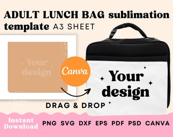 Lunch bag template, Adult Lunch tote sublimation template, Lunch bag SVG canva template for sublimation, Adult lunch bag template download