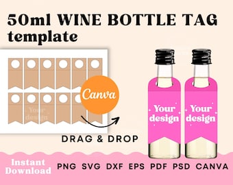 Mini Wine bottle tag template, Wine gift tag template, Wine tag svg, 50ml bottle custom stickers, Mini wine bottle tag printable canva