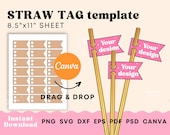 Straw Tag Template, Drinking Straw Flag Template, Party template canva Custom party decor template, Printable label template for straws