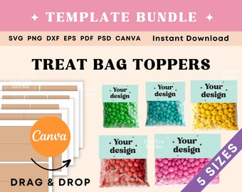 Treat Bag Topper Template Bundle, Treat Bag Topper back to school Class reunion, Bridal shower treat bag topper labels stickers Canva