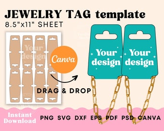 May include: A printable template for jewellery tags. The template includes 10 tags on an 8.5 by 11 inch sheet. The tags are beige with a hole at the top for hanging. The template is designed to be used with Canva.