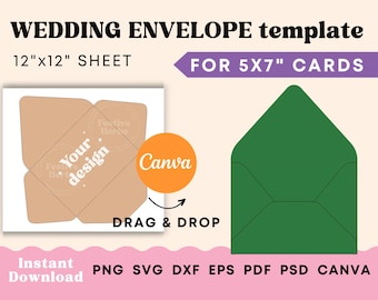 Modello di busta nuziale per invito 5x7, busta SVG, modello di busta Canva, Cricut, stampabile, modello di busta per invito a nozze