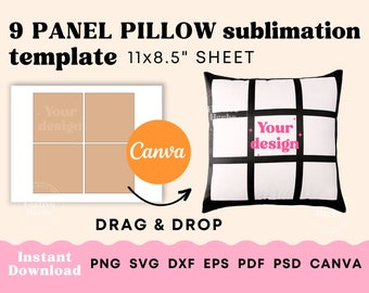Pillow Sublimation Template, 9  panel Pillow Sublimation SVG PNG Canva, Pillow cover SVG, Pillow cover sublimation Instant download