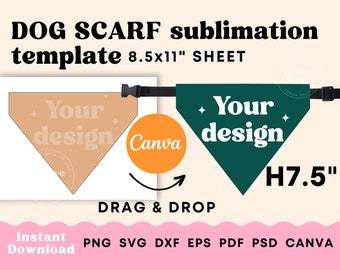 Sublimazione della bandana per cani, modello bandana per cani SVG, modello canva personalizzato sciarpa per cani, sublimazione della bandana per animali domestici H7.5 pollici Download istantaneo