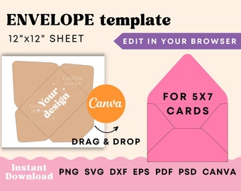 Modello di busta, busta 5x7, modello di busta SVG cricut, modello di busta Canva, modello stampabile, modello di busta nuziale