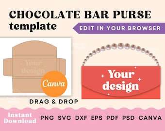 May include: A printable template for a chocolate bar purse. The template is shown in a light brown color with the text "Your design" and the Canva logo. The finished purse is shown in red with a pearl chain handle and the text "Your design".