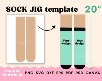 May include: A template for creating custom socks. The template shows two sock shapes, one with a light brown fill and the other with a light blue fill. The text "SOCK JIG template 20"" is at the top of the image. The text "Instant Download PNG SVG DXF EPS PDF PSD CANVA" is at the bottom of the image.