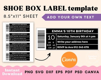 Shoe Box Label Template: Party Favor, Editable Canva (Digital Download)