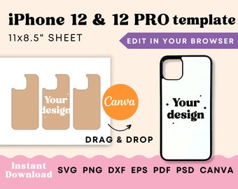 May include: A template for an iPhone 12 or 12 Pro phone case. The template is on an 11x8.5 inch sheet and can be edited in a web browser. The template shows three phone case outlines with the text "Your design" in the center. The template also shows a phone case with a black border and the text "Your design" in the center.