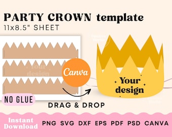 May include: A printable template for a party crown. The template is designed to be used with Canva and includes three crown shapes on an 11x8.5 inch sheet. The crown is yellow and has the text "Your design" on it. The text "NO GLUE" is also included on the template.