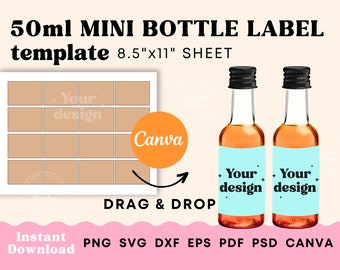 Mini wine bottle label template, 50 ml Liquor label template Canva, Printable mini wine label SVG, Mini wine bottle tags Instant download