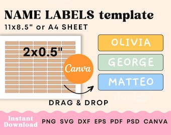 Name labels template for school daycare, Name labels to print PNG SVG Cricut Canva, School label template download, School supply labels svg