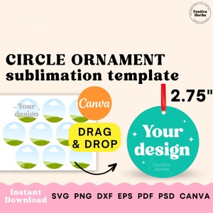 Puede incluir: Una plantilla de sublimación para un adorno redondo de 7 cm. La plantilla presenta un fondo turquesa con estrellas blancas y el texto "Tu diseño". La plantilla también incluye un pequeño logotipo con el texto "Festive Herbs".