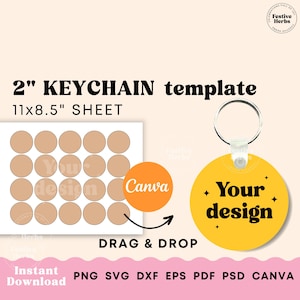Puede incluir: Una plantilla digital para crear llaveros redondos de 2 pulgadas. La plantilla incluye 24 círculos en una hoja de 11 por 8,5 pulgadas. La plantilla está diseñada para ser utilizada con Canva. La imagen también muestra un llavero de muestra con el texto "Your design" sobre un fondo amarillo.