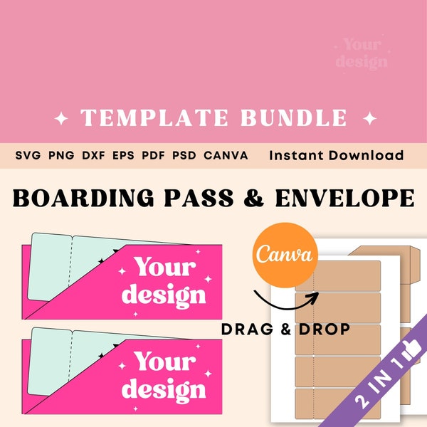 Boarding Pass Template, Event ticket template BUNDLE, Boarding pass invitation template canva, Envelope template Printable Instant Download