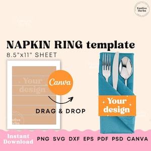Napkin ring template, Napkin ring tags for wedding, Cutlery paper holder template, Napkin ring holder canva template