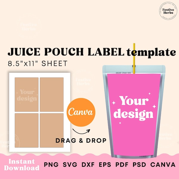 Juice pouch label template, Party favor canva template, Kids juice bag labels SVG, Printable label template for party