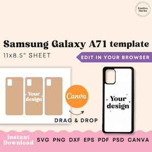 May include: A template for a Samsung Galaxy A71 phone case. The template is a 11x8.5 inch sheet with three phone case outlines. The phone case outlines are beige and have the text "Your design" in white. The template can be edited in a web browser using Canva. The phone case outline is shown on a white background with a black phone case with the text "Your design" in black.
