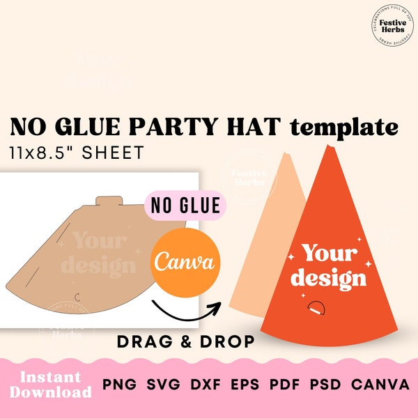 Party hat template, No glue Party hat SVG, Birthday hat svg template, Printable birthday party template for hat, Party hats Instant download