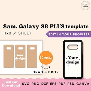 May include: A digital template for a Samsung Galaxy S8 Plus phone case. The template is 11 inches by 8.5 inches and can be edited in a web browser. The template features a black phone case with a white background and the text "Your design" in black. The template can be customized with a design of your choice.