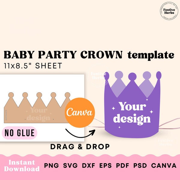 Baby crown SVG, Party hat template, First birthday crown template, Party hat toddler Instant download, Crown template printable Canva