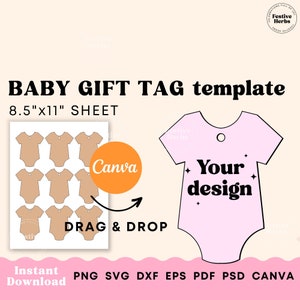 Baby Gift Tag SVG, Gift tag template Baby Shower gift tags printable editable Canva, Baby Bodysuit cutout, Baby shower tags download