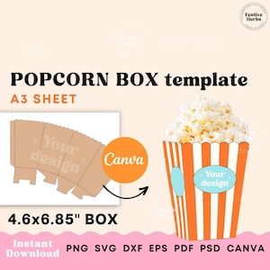 Mall för popcornlåda, popcornlåda SVG, popcornlåda för bröllop, födelsedag, barnfest, anpassad canvasmall, mall för festlåda,