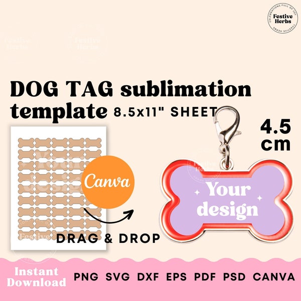 Dog tag template, Dog tag svg, Dog tag sublimation template, Personalized pet ID bone tag Canva template for sublimation 4.5cm Dog tag