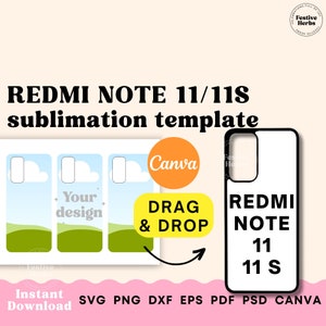 Puede incluir: Una plantilla de sublimación para una funda de teléfono Redmi Note 11 o 11S. La plantilla presenta un fondo blanco con el texto "REDMI NOTE 11 11S" en negro. La plantilla está diseñada para ser utilizada con una impresora de sublimación para crear fundas de teléfono personalizadas.