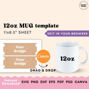 12oz Mug template, Mug sublimation template, 12oz Cricut Mug press template, Mug template SVG, Mug wrap, Mug template PNG, Canva template