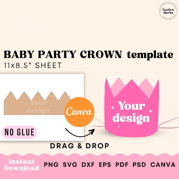 Baby crown SVG, Party hat template, First birthday crown template, Party hat toddler Instant download, Crown template printable Canva