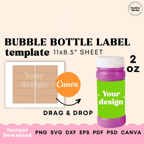 2oz Bubble bottle Label Template, Party favor templates Canva, Kids party favor personalized stickers labels, Bubble bottle Label SVG