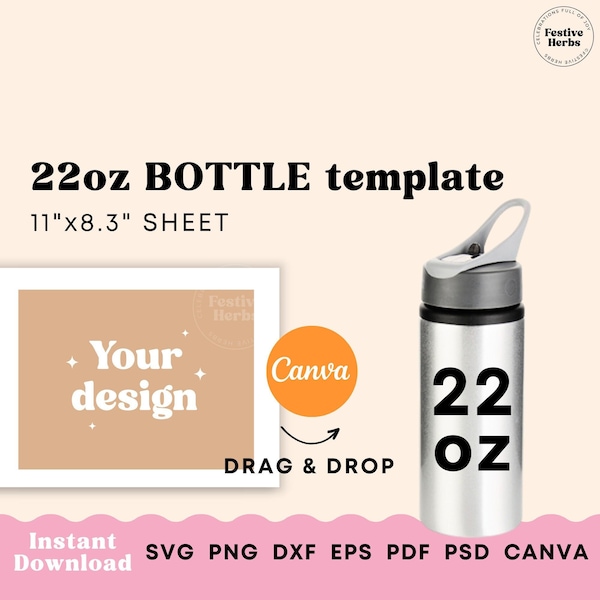 22oz Water bottle template, Sublimation template for 660ml Water bottle with holder, 22oz sublimation template, Bottle sublimation svg png