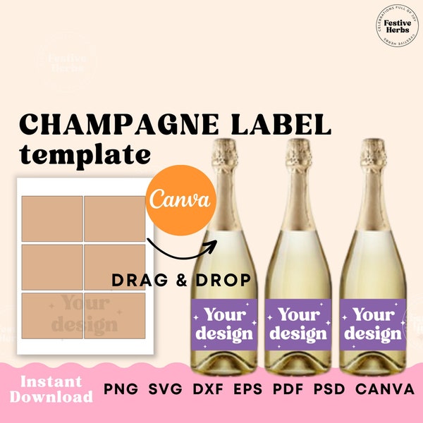 Champagne label template, Champagne label SVG Canva template, Champagne bottle sticker, Bottle tag template Instant download labels custom