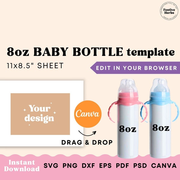 Baby Bottle template, 8oz Kids Milk bottle sublimation template, Kids water bottle template PNG, Baby bottle SVG, Tumbler wrap sublimation