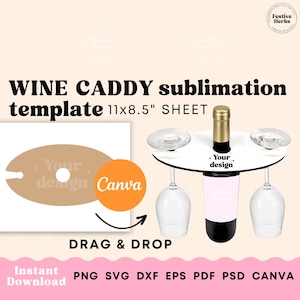 ワイン キャディ テンプレート、ワイン キャディ レーザー ファイル、ワイン キャディ SVG PNG Canva、ワイン ボトルとグラス ホルダー昇華テンプレートのダウンロード