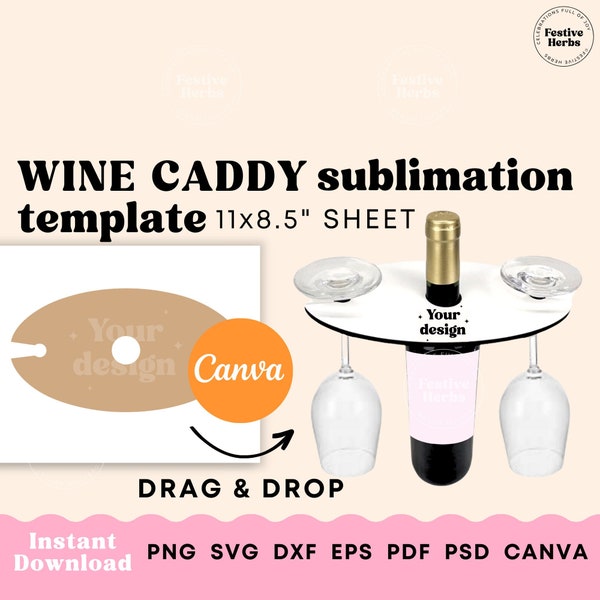 Wine caddy template, Wine caddy laser file, Wine caddy SVG PNG Canva, Wine bottle and glass holder sublimation template download