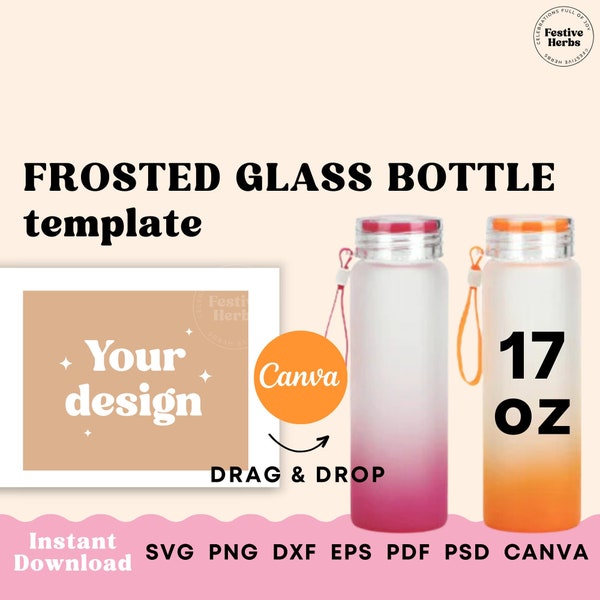 17oz Glass water bottle Sublimation template, Frosted Glass tumbler template, 17oz water bottle wrap template, Custom Glass tumbler template