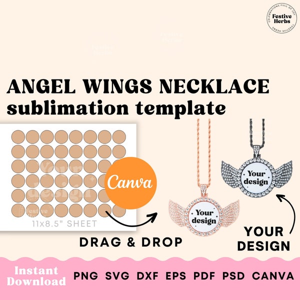 Angel wings necklace sublimation template, Circle SVG, Circle template SVG, Angel wings necklace template canva, 30 mm round circle template