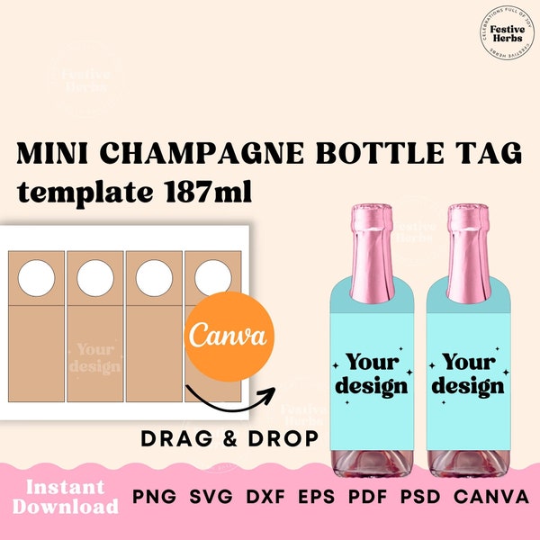 Mini Champagne Bottle Tags template, Mini champagne label template, Wine Gift Tag Template Canva, Mini champagne tags svg Bottle tag templat